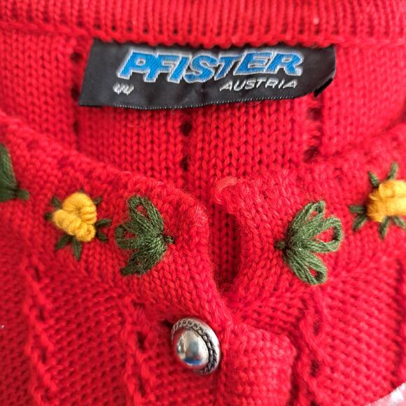 Pfister Austria Vintage Tyrolean Cardigan Sweater Red Floral Folk Embroidered L - Picture 5 of 11